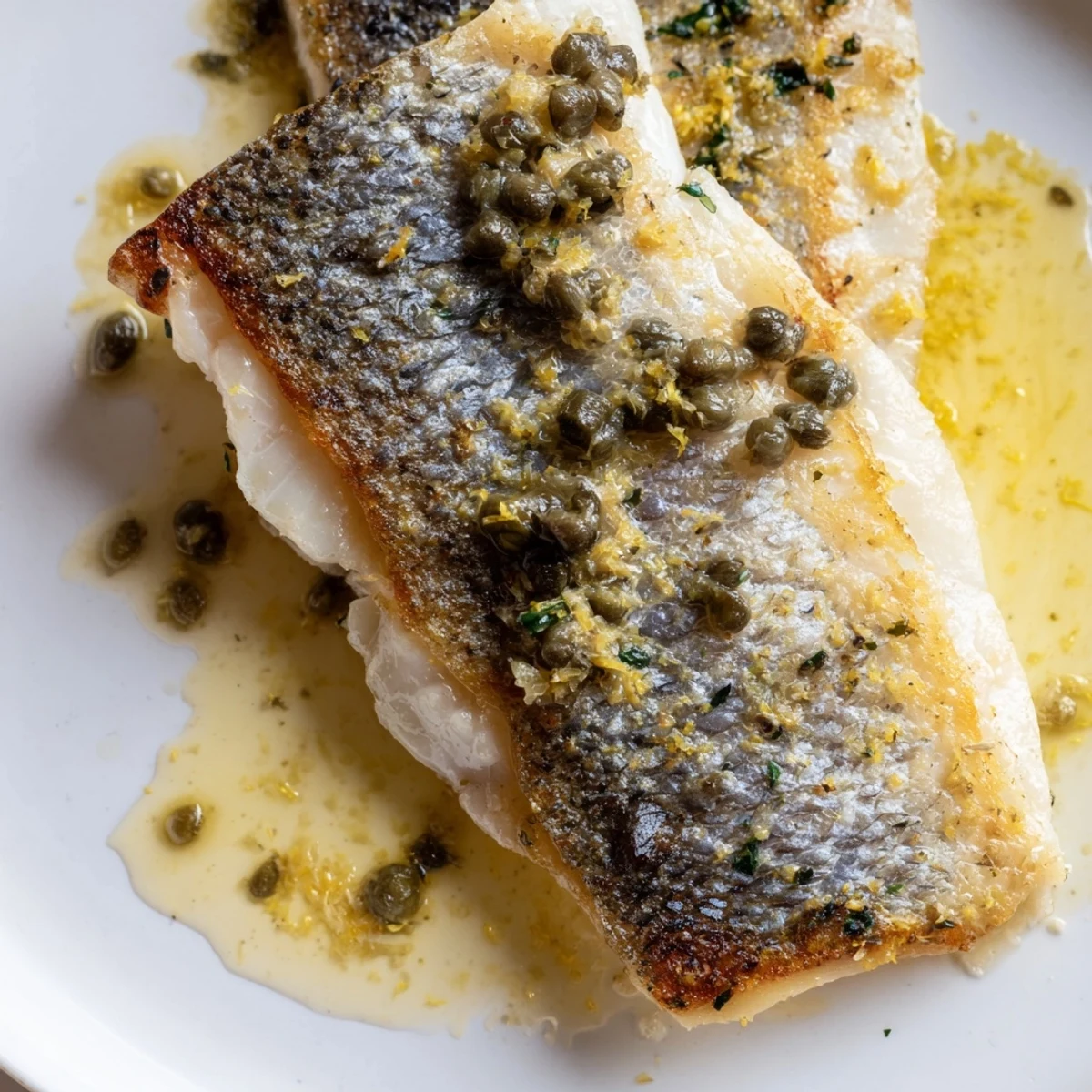 Golden-brown crispy skin on pan-seared sea bass fillets drenched in lemon caper butter sauce and fresh parsley.