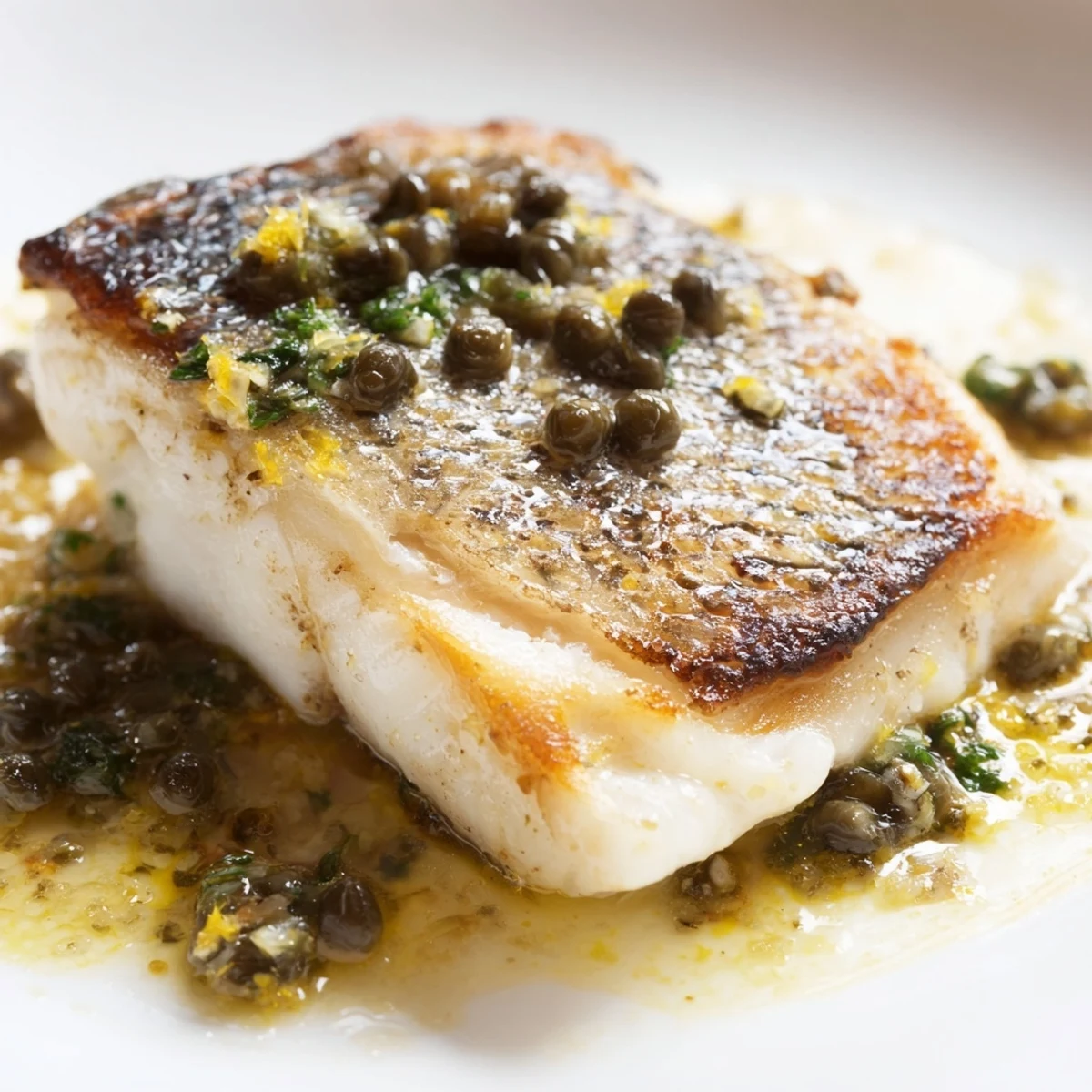 Freshly cooked pan-seared sea bass with lemon caper butter sauce garnished with lemon zest and parsley.