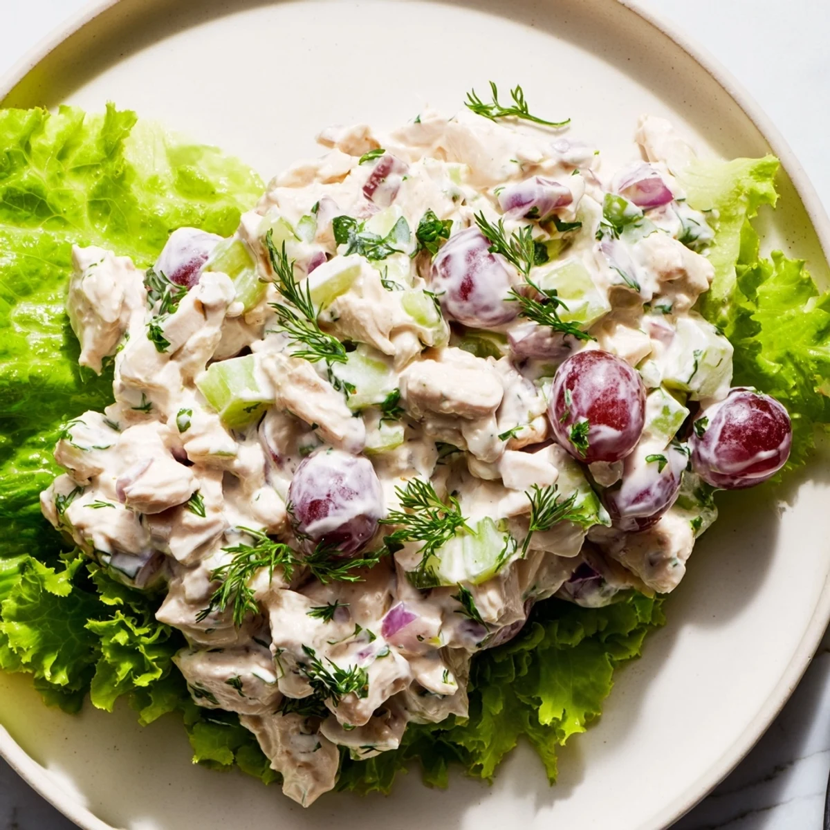 Close-up of a healthy creamy chicken salad with celery and red onion