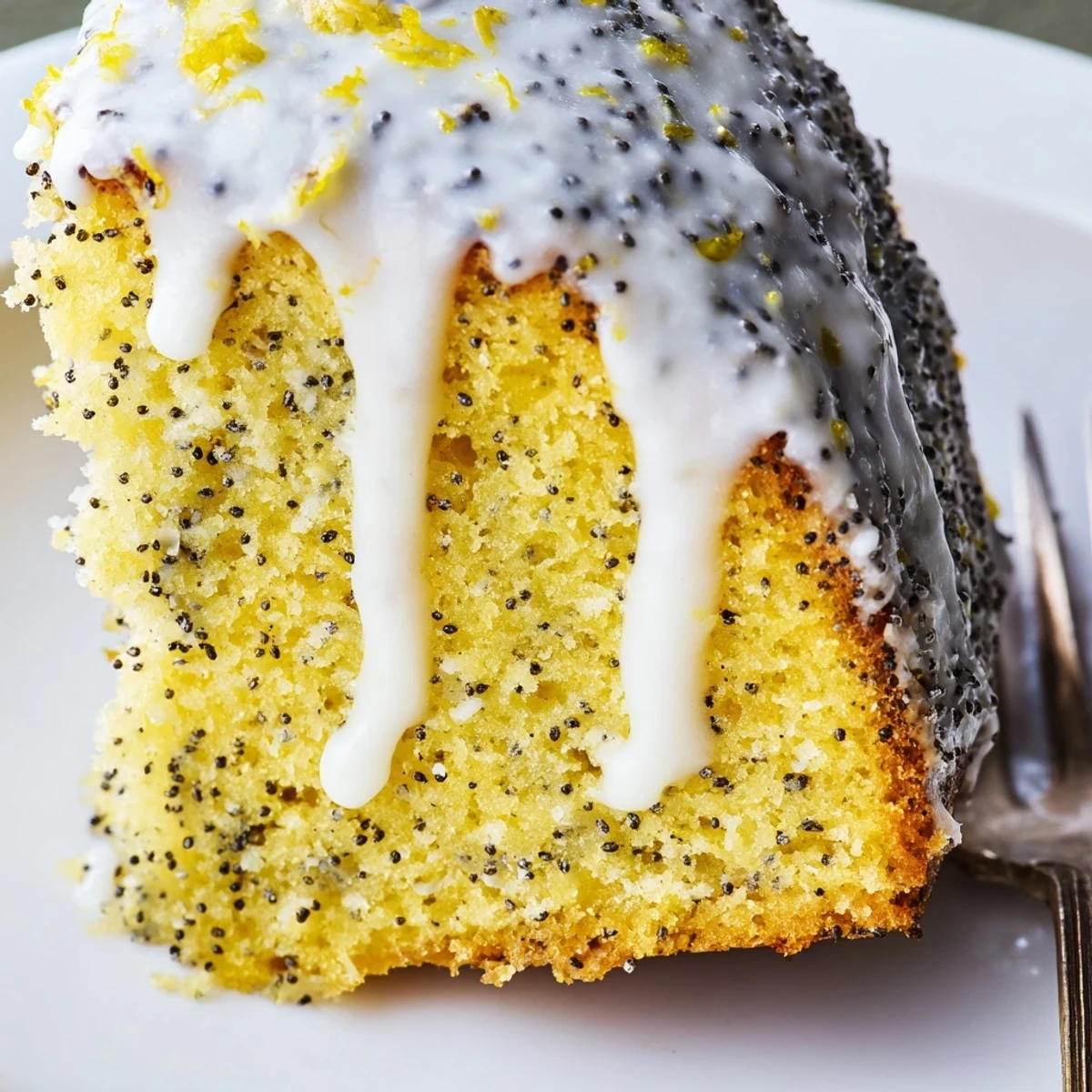A freshly baked Lemon Poppy Seed Cake with Icing sits on a cooling rack, drizzled with tangy glaze.