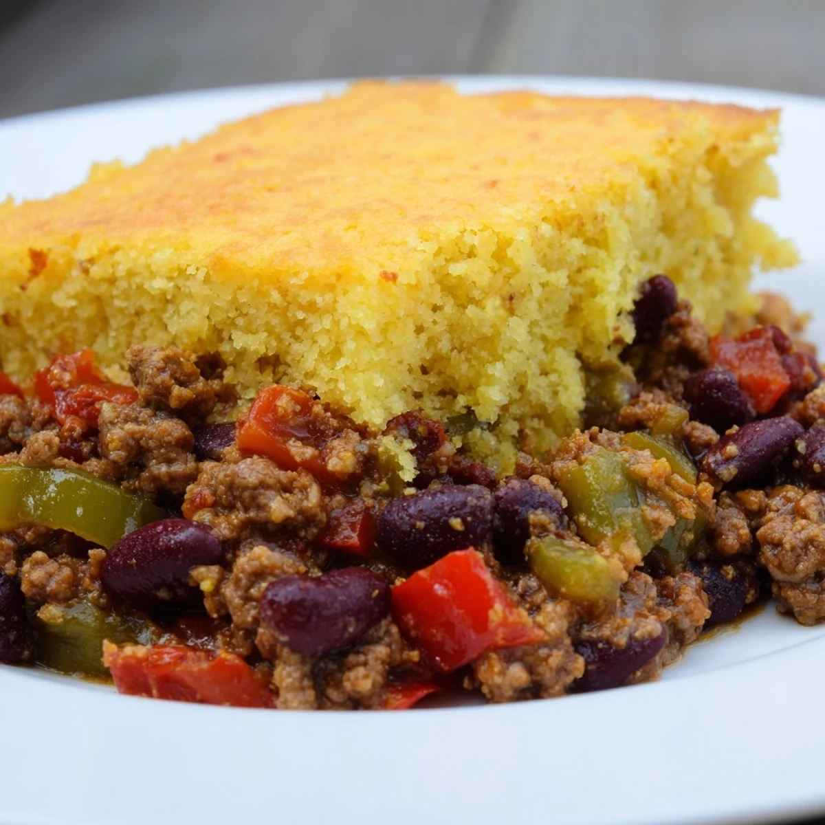 Golden, crispy cornbread topping on a skillet of hot Beef Chili with Cornbread Topping, garnished with fresh cilantro.