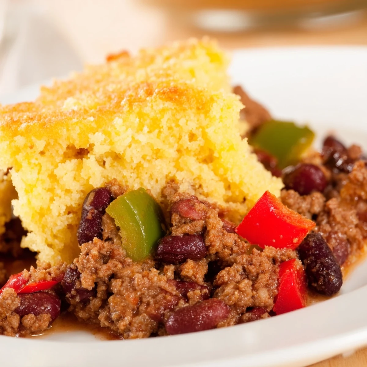 Homemade Beef Chili with Cornbread Topping casserole with a moist, buttery crust, ready to serve for a family dinner.
