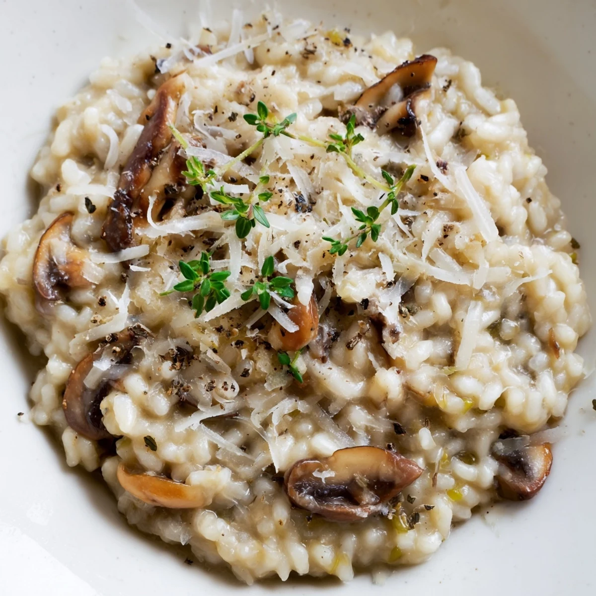 A close-up of Savory Mushroom Risotto with Thyme served in a shallow bowl, topped with fresh thyme sprigs and a dusting of Parmesan.