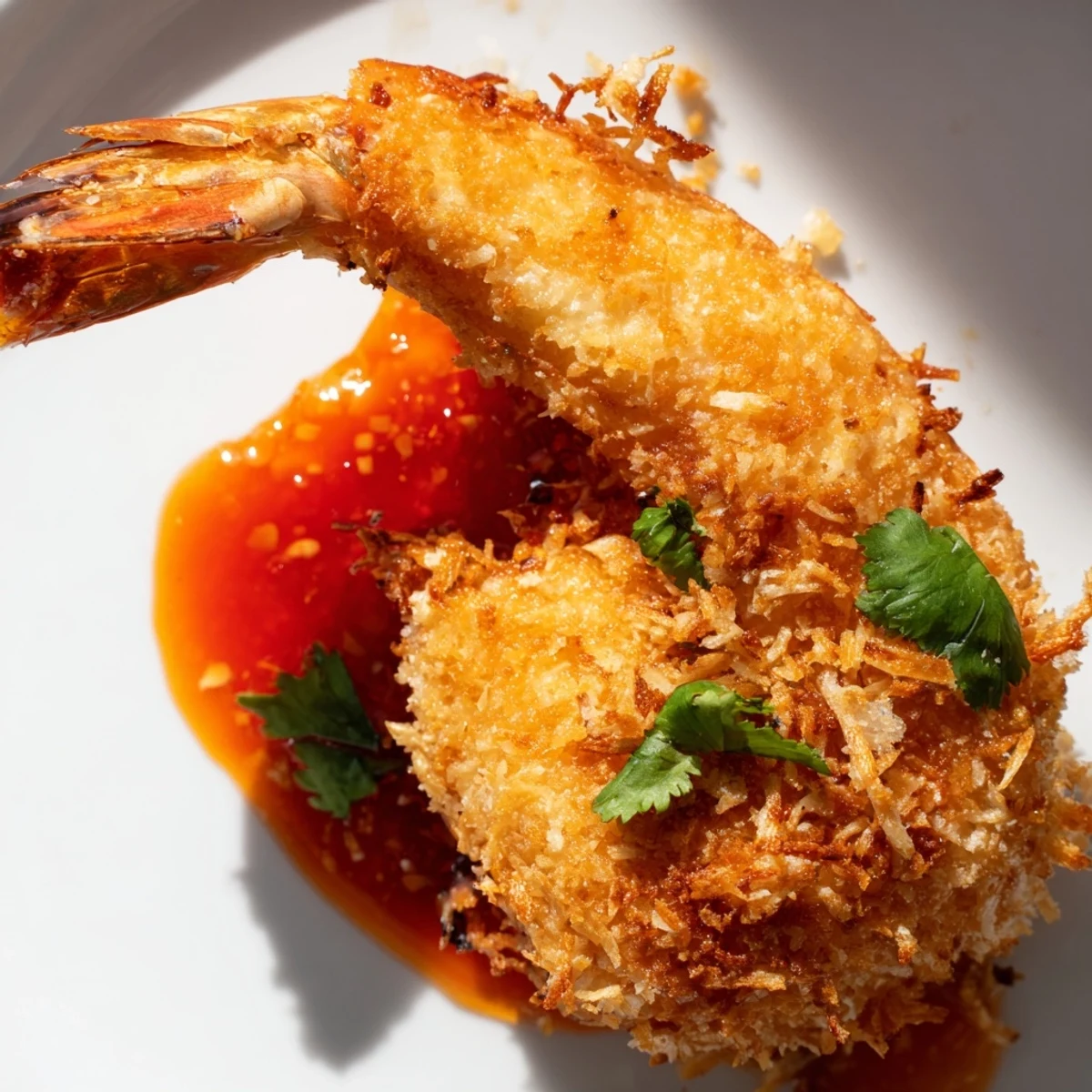 Fresh cilantro garnishes Crispy Coconut Shrimp with Chili Sauce served over rice for a complete meal.