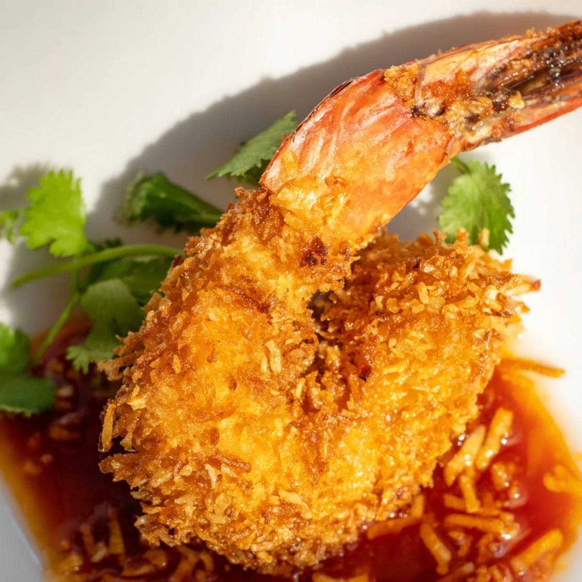 A close-up showcases Crispy Coconut Shrimp with Chili Sauce glistening beside a zesty lime wedge.