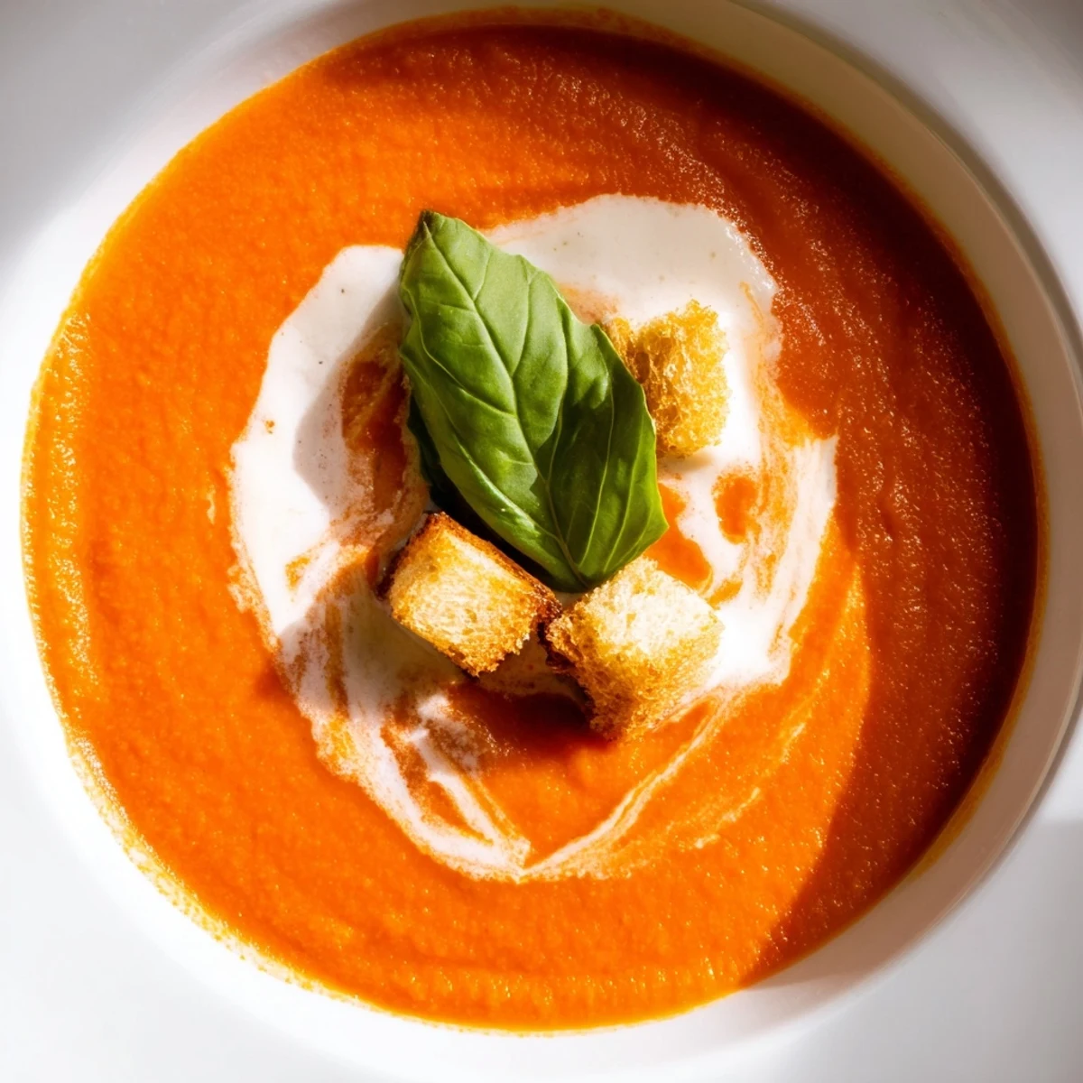 Creamy Roasted Red Pepper and Tomato Soup steaming in a rustic bowl, garnished with fresh basil and a swirl of cream, perfect with crusty bread.