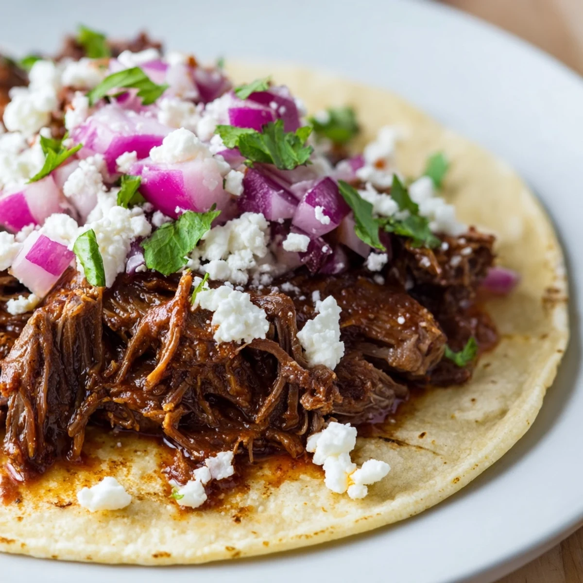 Shredded beef barbacoa piled high on a warm tortilla with fresh cilantro, diced red onion, and lime wedges for squeezing.