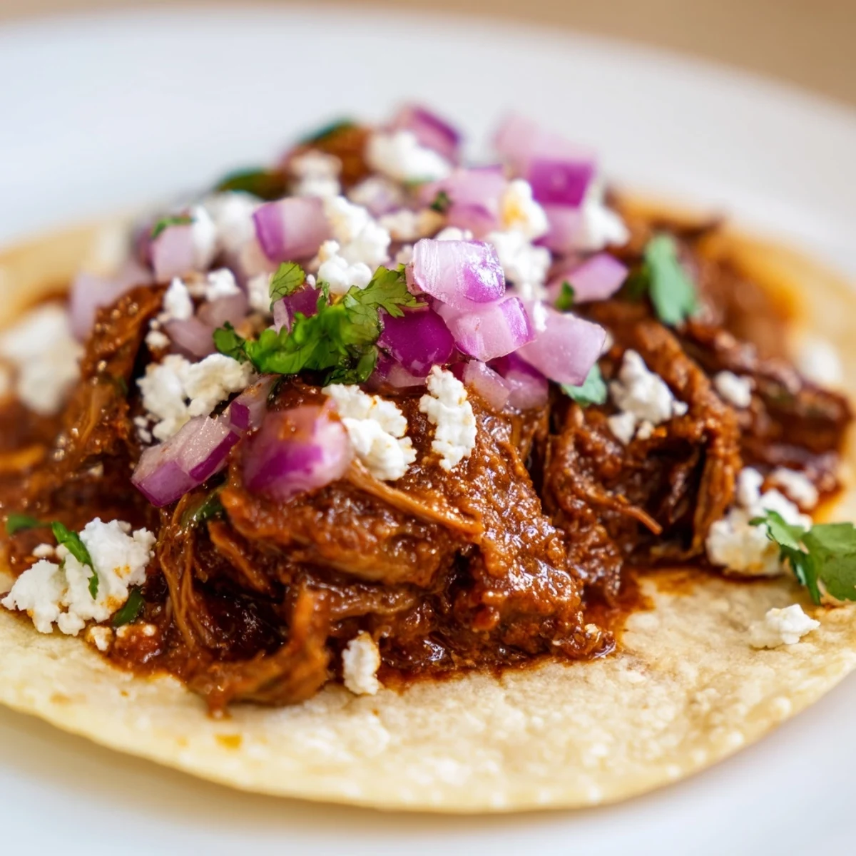 Juicy slow cooker barbacoa beef filling a platter of soft tacos, garnished with cilantro and lime, ready for a family dinner.