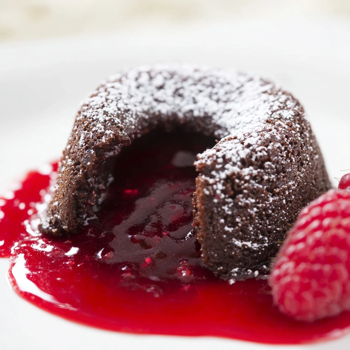 Four warm Chocolate Lava Cakes with Raspberry Coulis are plated near fresh berries and a dusting of powdered sugar.