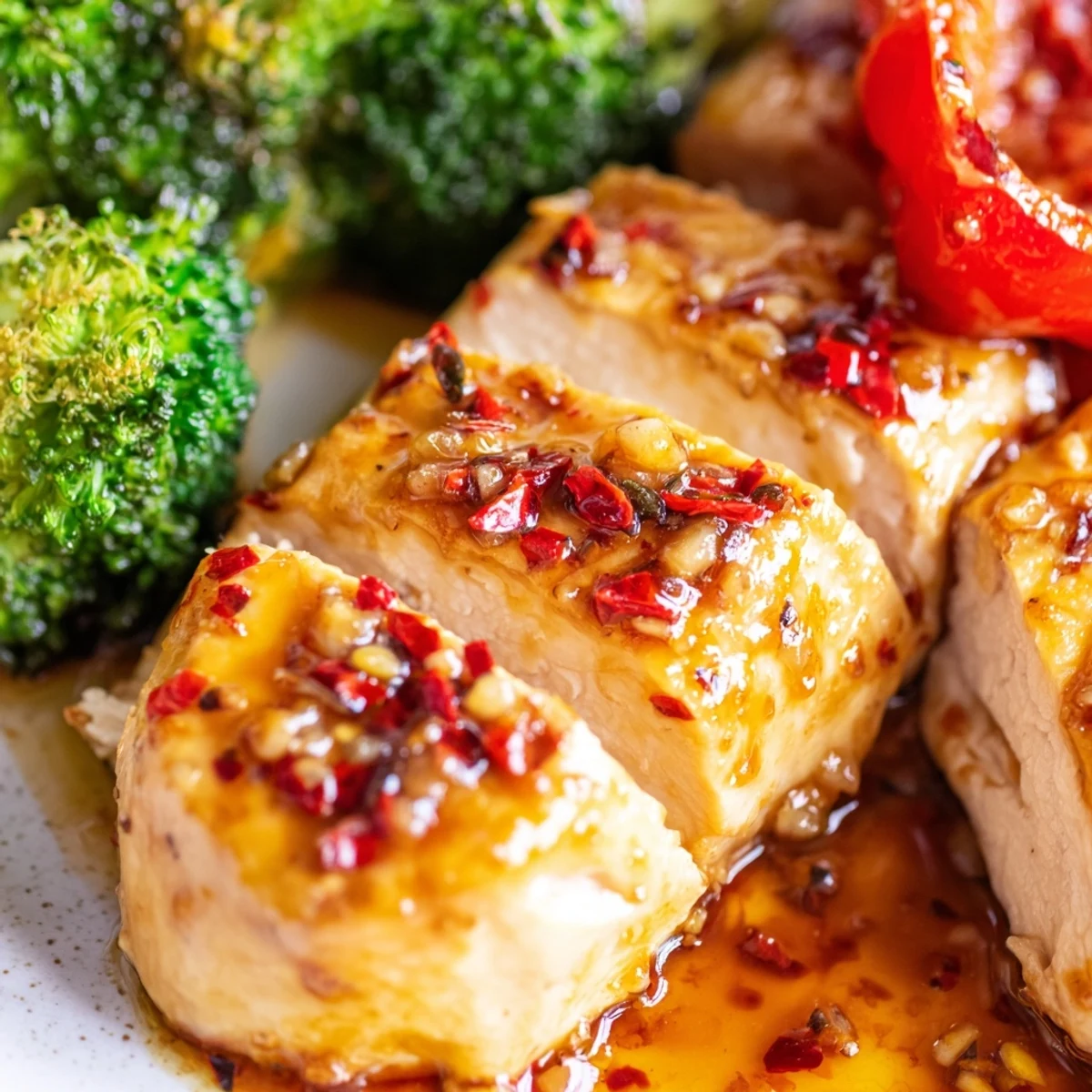 Golden-brown Sheet Pan Honey Garlic Chicken and Veggies, glazed in a sweet, sticky sauce alongside tender-crisp broccoli, carrots, and peppers. 