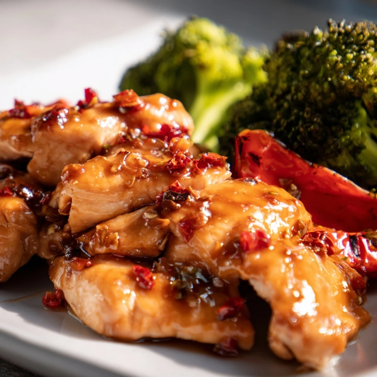 Juicy Sheet Pan Honey Garlic Chicken and Veggies arranged with vibrant red onions and bright peppers on a parchment-lined baking sheet. 