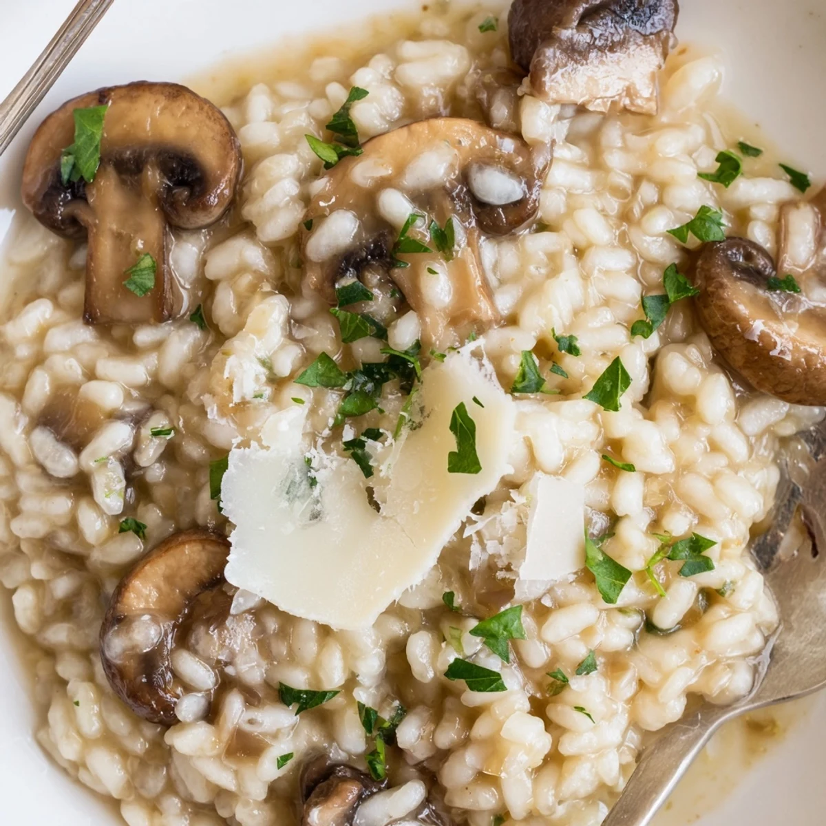 Creamy Mushroom Risotto with Truffle Oil served in a shallow bowl, garnished with fresh parsley and extra mushrooms.