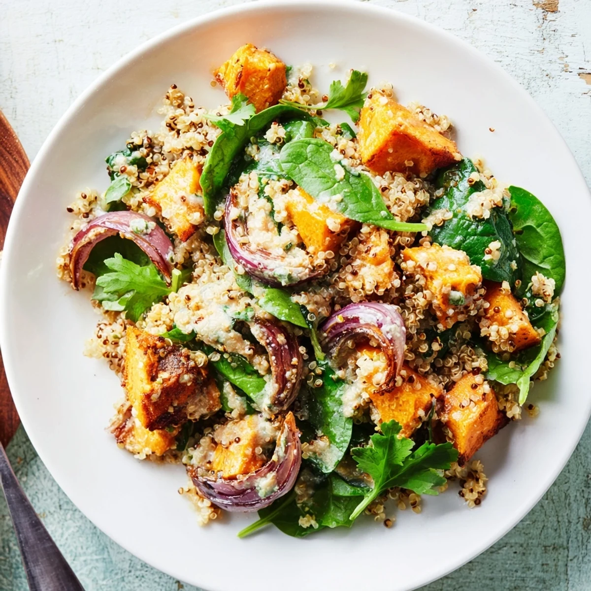 A hearty bowl of Warm Quinoa Salad with Roasted Sweet Potatoes, garnished with fresh parsley and vibrant pomegranate seeds on a rustic table.