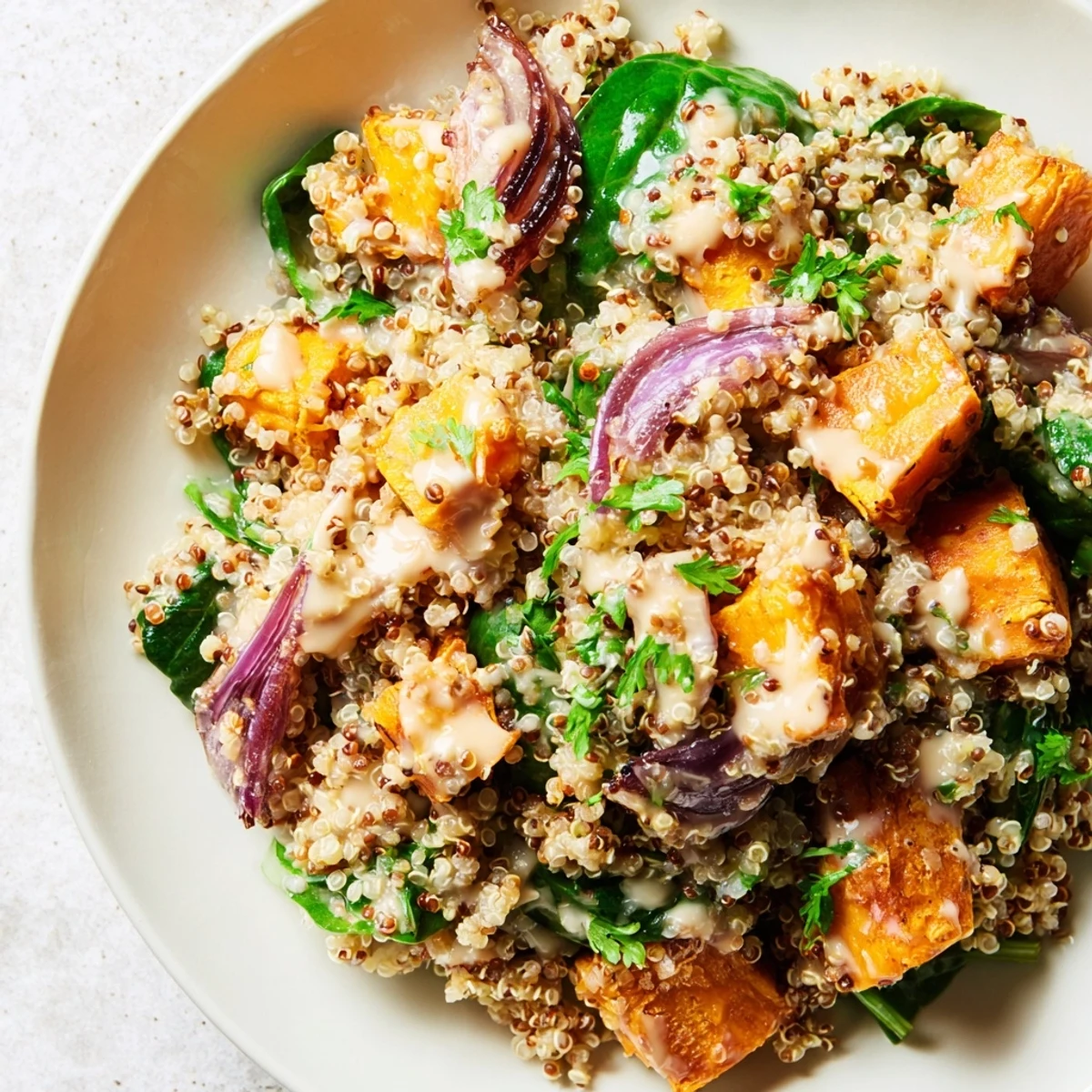 Fluffy quinoa topped with golden, caramelized sweet potato chunks, tossed in a creamy lemon-tahini dressing for a perfect warm lunch.