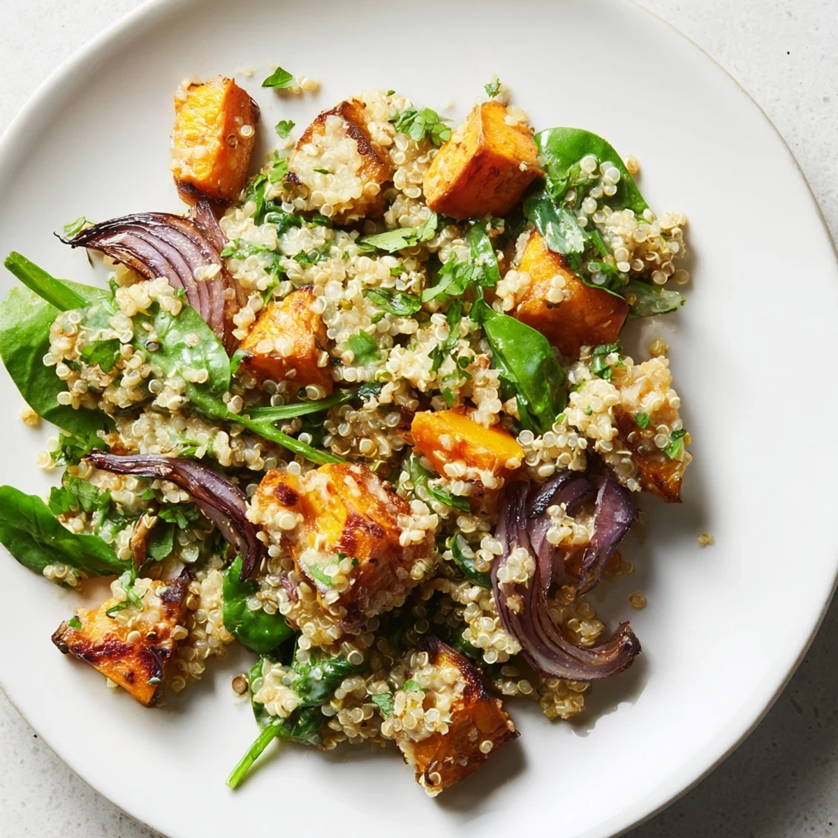 Close-up of fluffy quinoa and tender roasted sweet potatoes drizzled with lemon-tahini dressing, ready to serve as a wholesome vegetarian dinner.