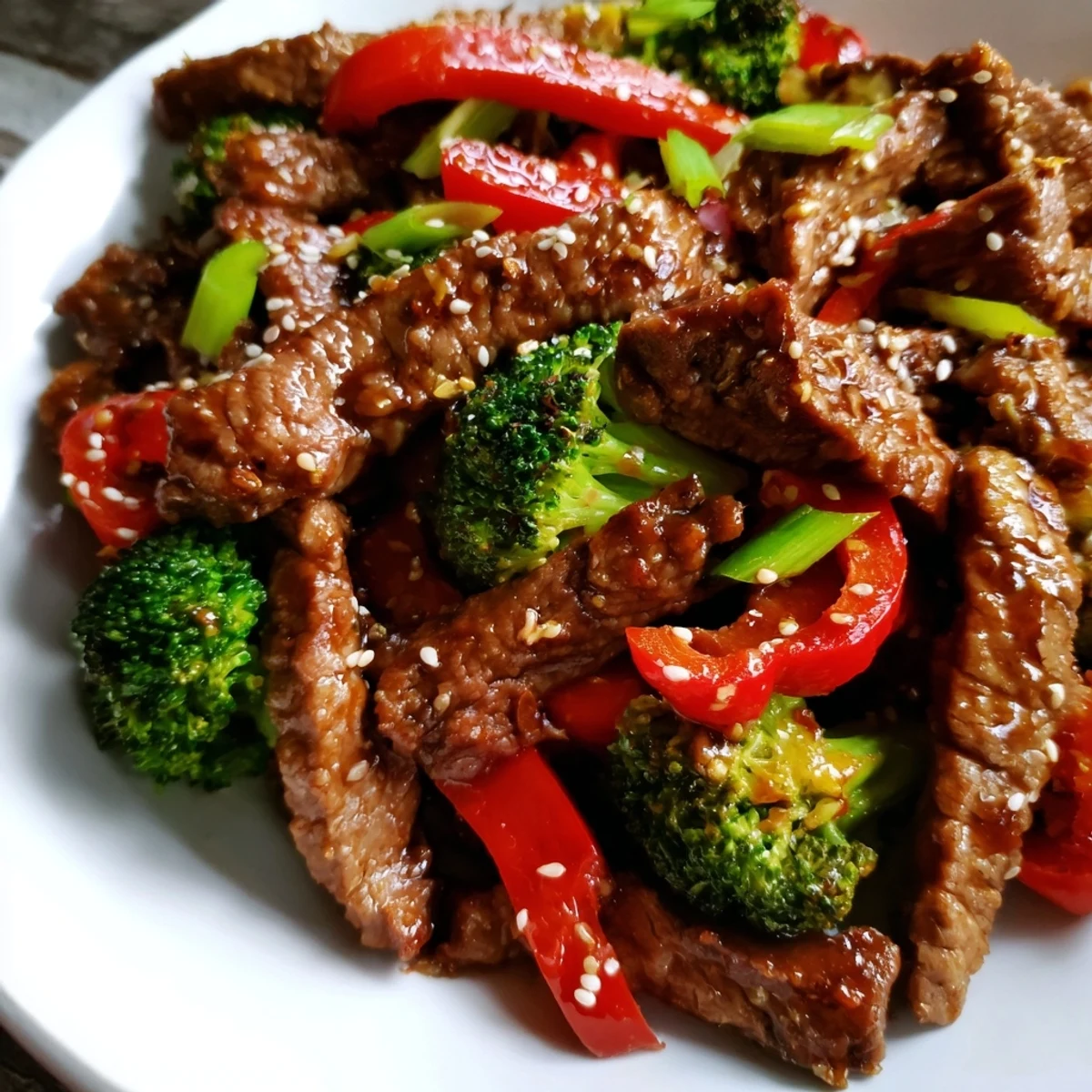 Tender beef and broccoli florets coated in a glossy ginger glaze sit next to sliced red bell pepper.