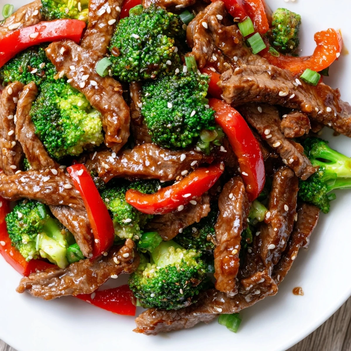Steaming Beef and Broccoli Stir Fry with Ginger Glaze is served over white rice with a drizzle of sauce.