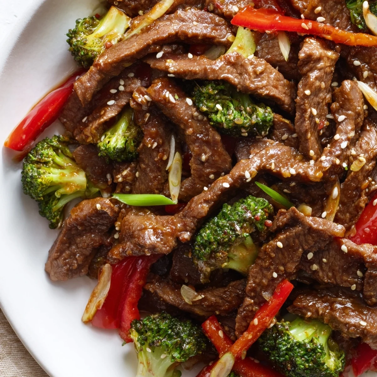 Close up of Beef and Broccoli Stir Fry with Ginger Glaze on a plate with chopsticks and sesame seeds.