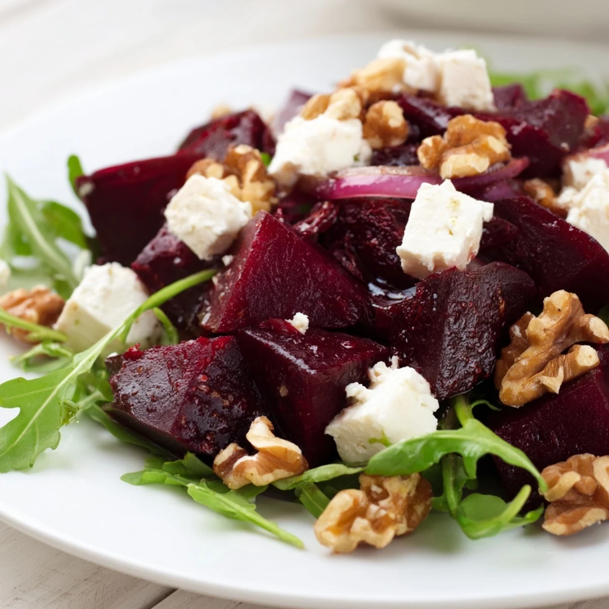 Overhead view of Roasted Beet Salad with Arugula and Feta, tossed with toasted walnuts and red onion slices, ready for a healthy dinner.