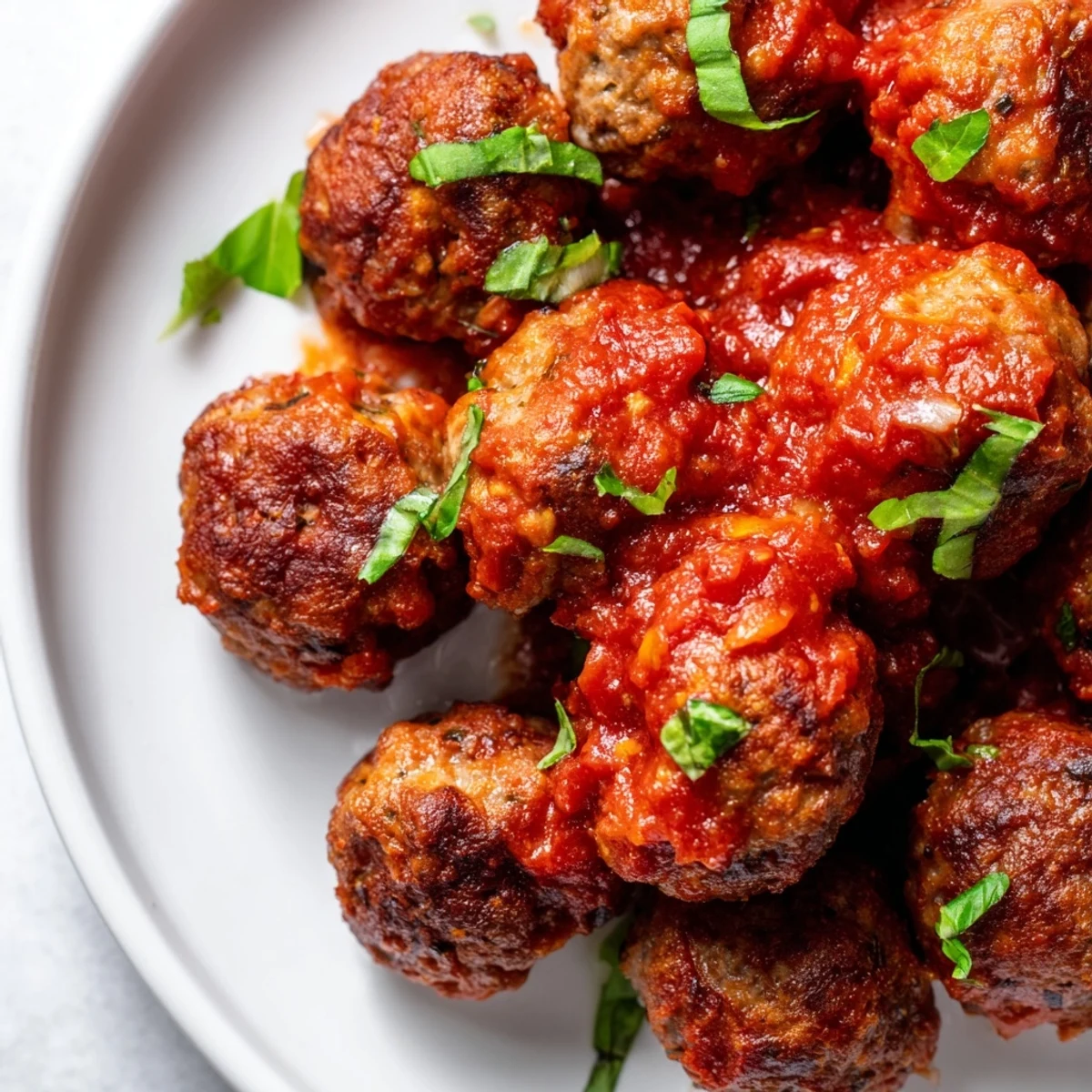 Freshly simmered Turkey Meatballs in Marinara Sauce releasing aromatic herbs, paired alongside warm crusty bread for dipping into the savory red sauce.
