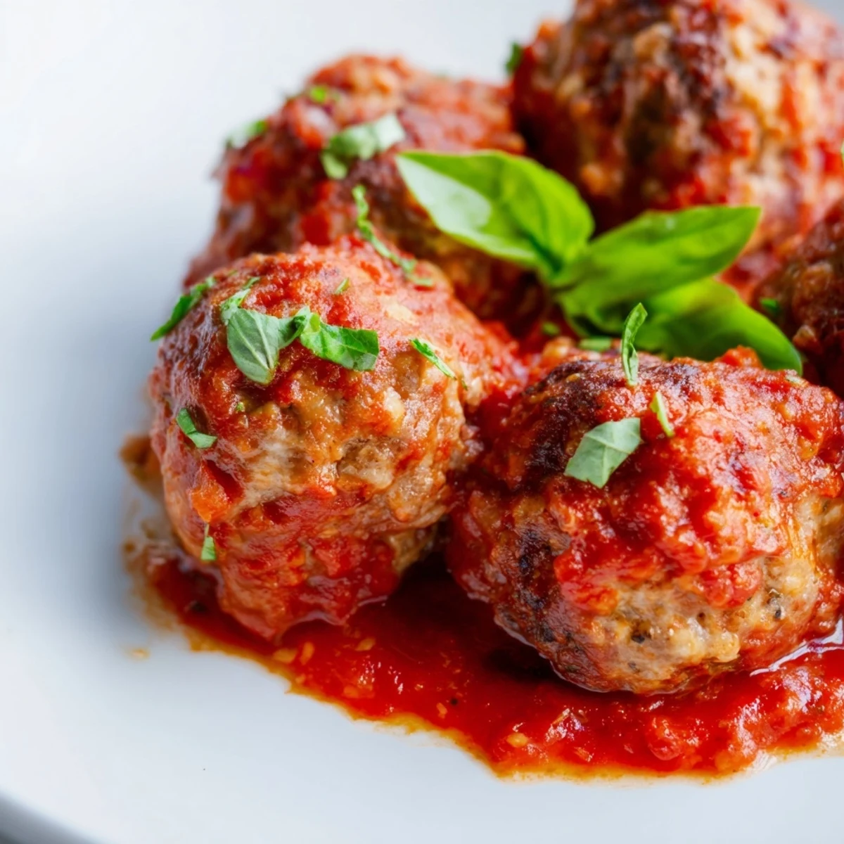 Hearty Turkey Meatballs in Marinara Sauce bubbling in a rustic skillet, garnished with chopped parsley and ready for a comforting family dinner.