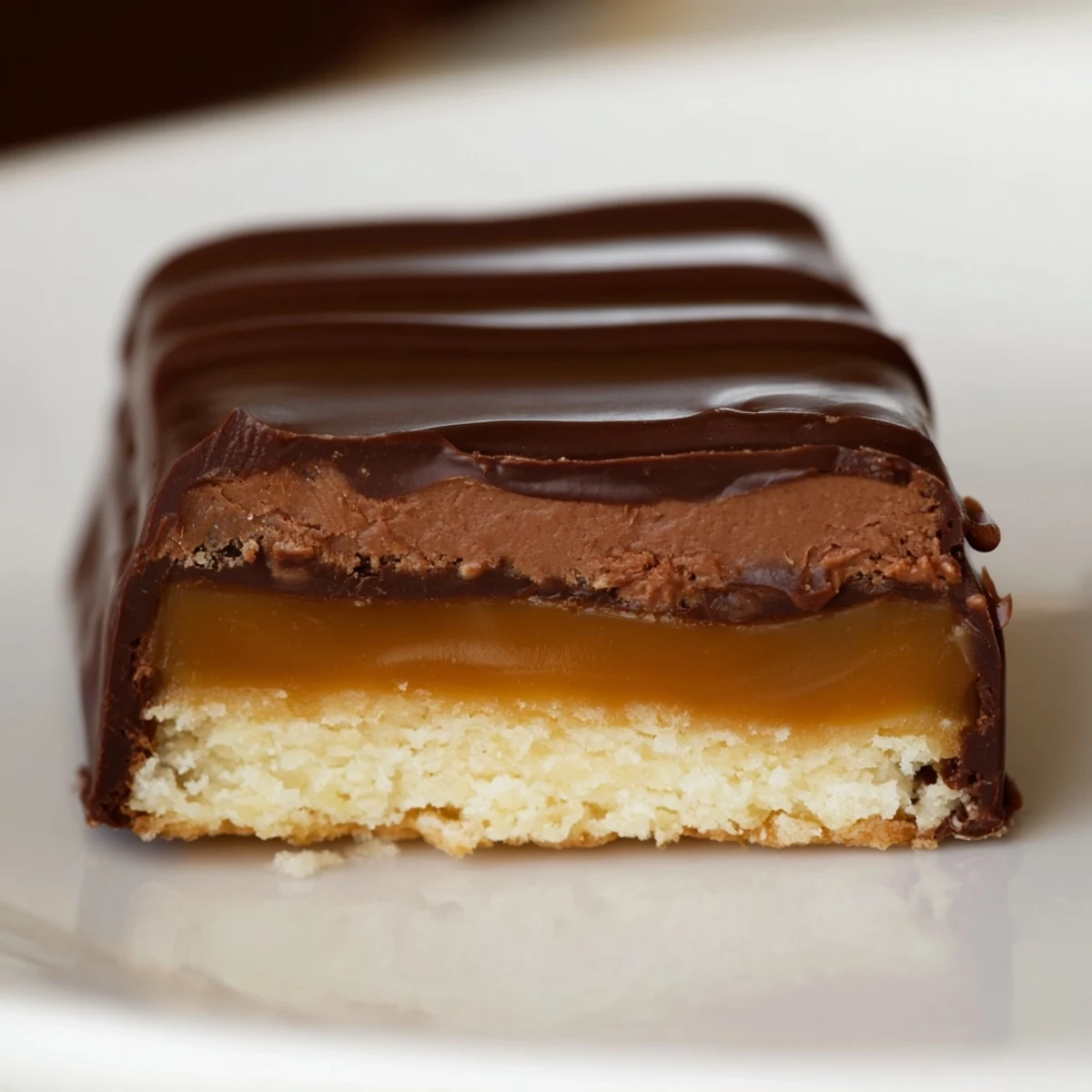 A close-up of sliced Chocolate Bars with Caramel, showcasing the glossy chocolate shell and gooey caramel layer.