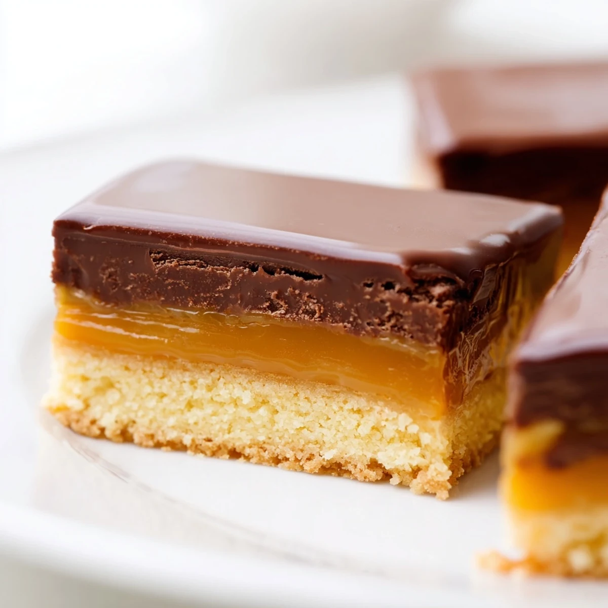 Decadent homemade Chocolate Bars with Caramel feature a golden shortbread base and a silky, rich caramel center.