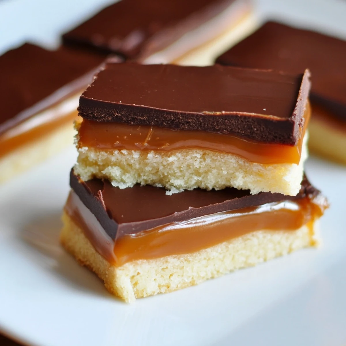 Freshly cut squares of Chocolate Bars with Caramel are arranged on a plate, ready for a sweet dessert serving.