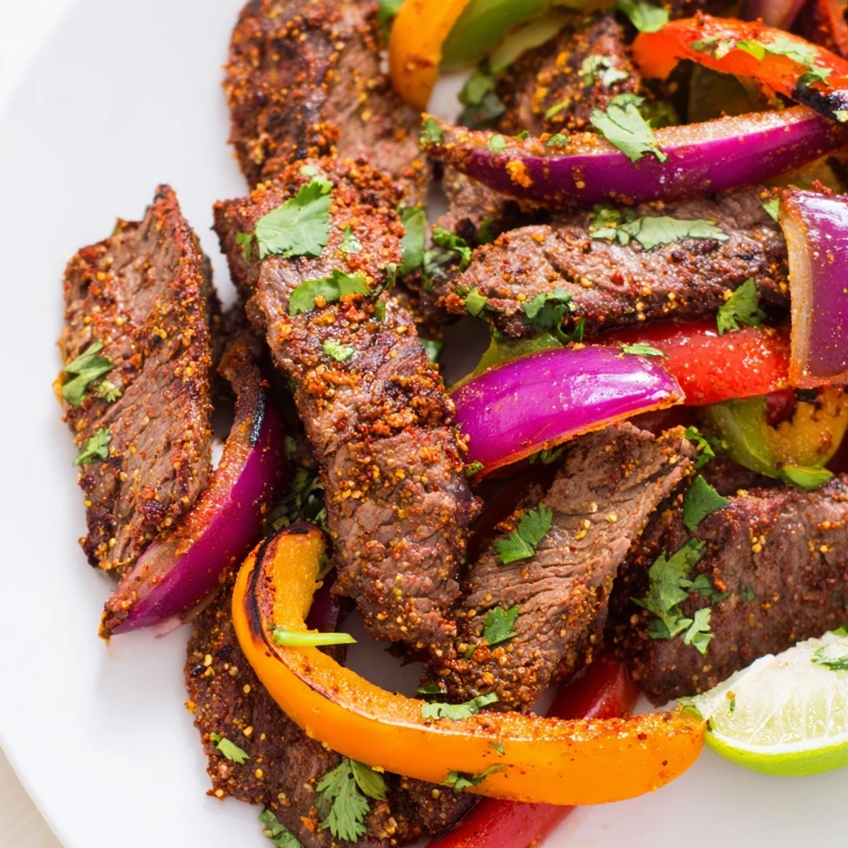 Hot Beef Fajita Skillet with seared steak strips, sautéed bell peppers, and onions topped with fresh lime wedges.
