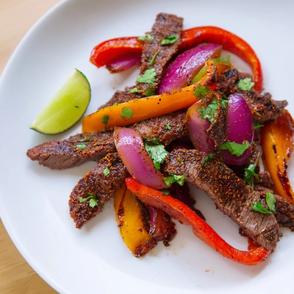 Sizzling Tex-Mex Beef Fajita Skillet served on a white plate with warm corn tortillas and chopped cilantro.