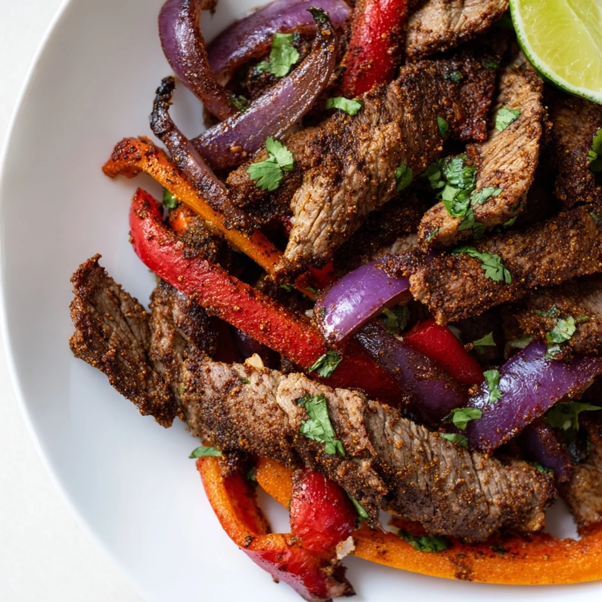 Tender beef, colorful peppers, and onions in a seasoned Beef Fajita Skillet ready for a weeknight family dinner.
