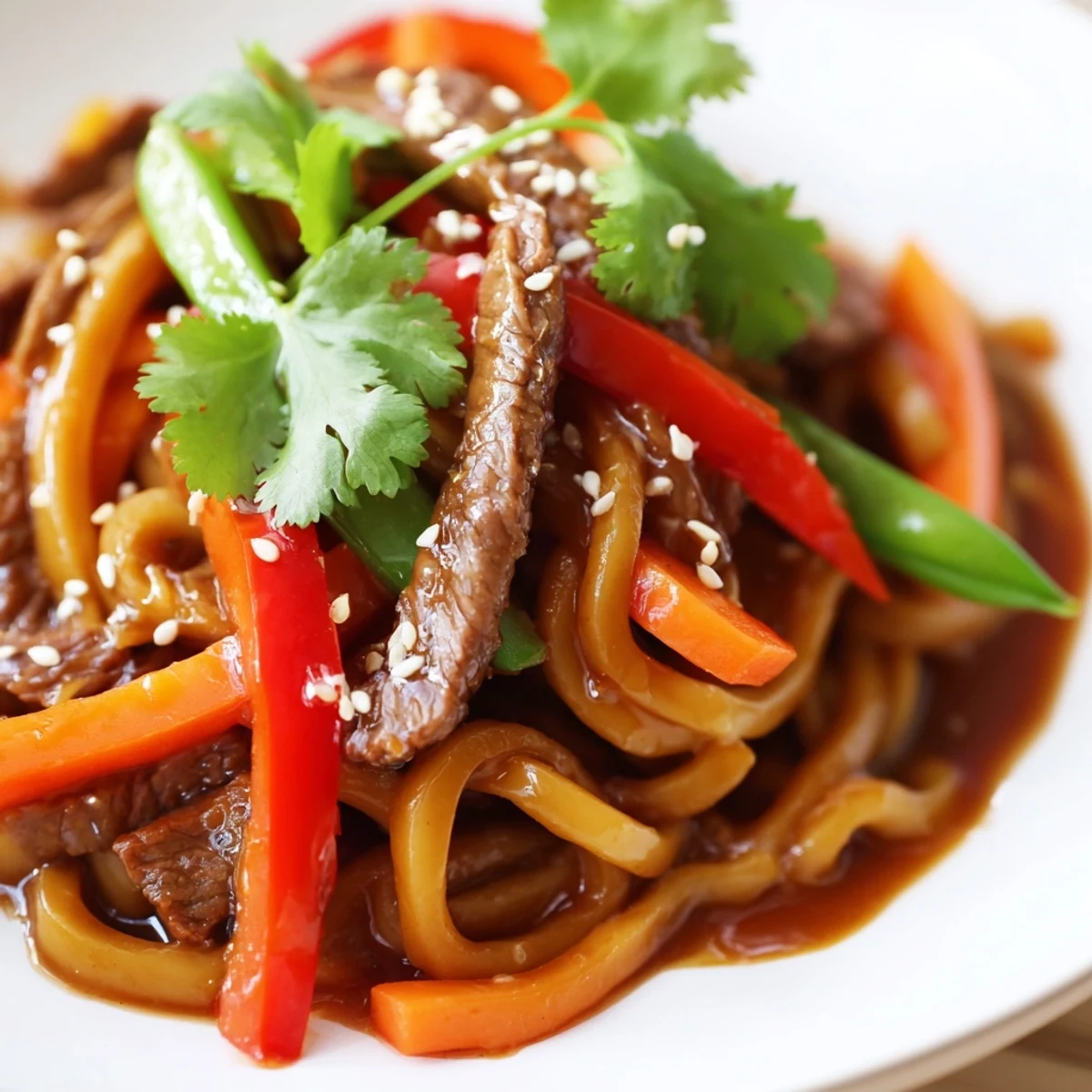 Spicy Beef Noodles tossed with fresh veggies and sesame seeds in a savory sauce.