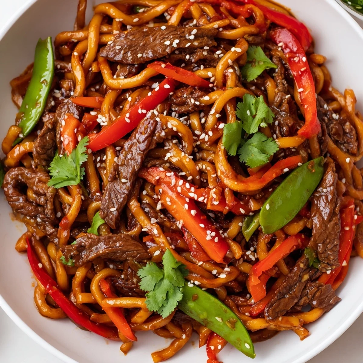 Plated Spicy Beef Noodles garnished with cilantro, spring onions, and a chili drizzle.