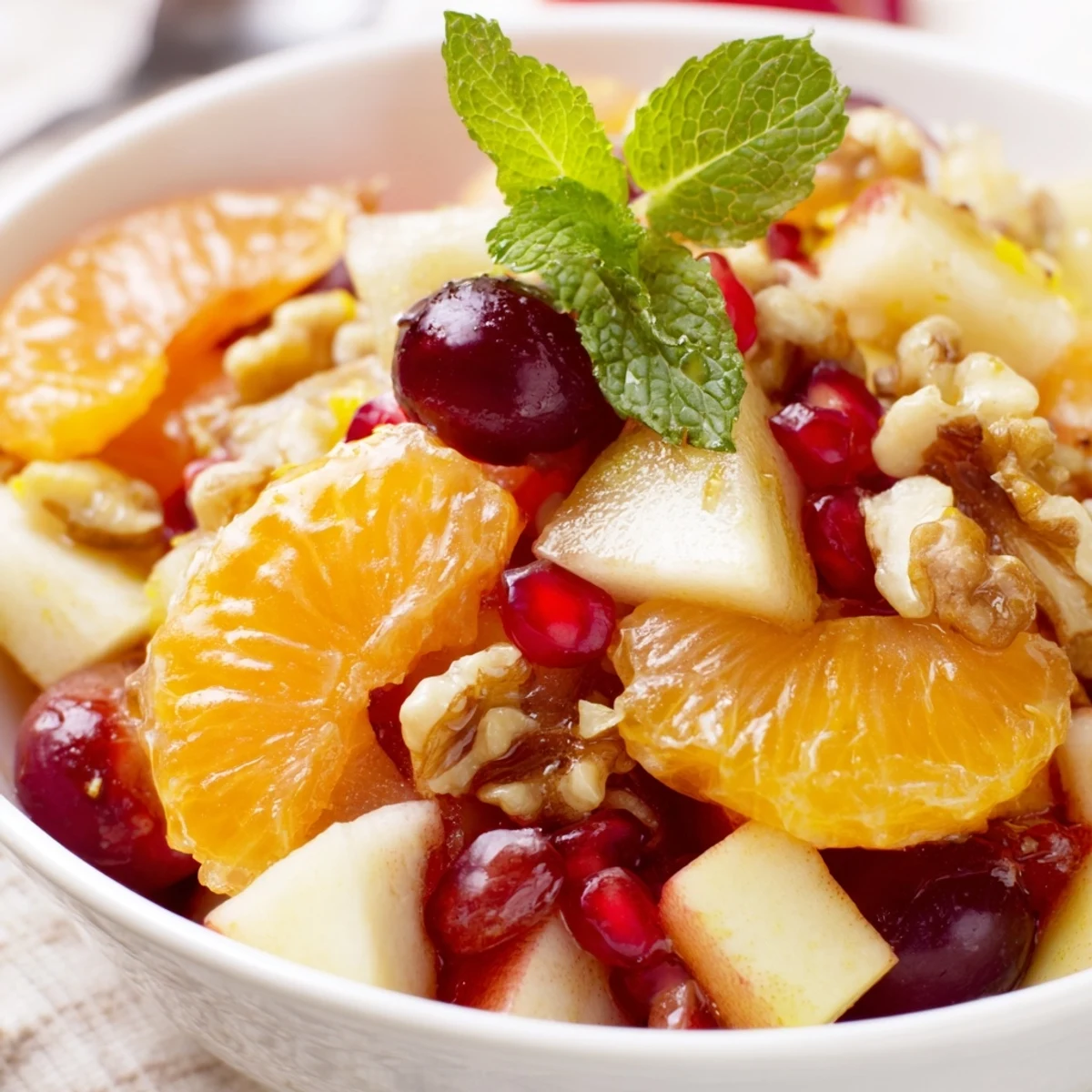 Overhead view of Winter Fruit Salad with Citrus featuring crisp apples, ripe pears, and chopped mint leaves glistening with a honey-cinnamon dressing. 