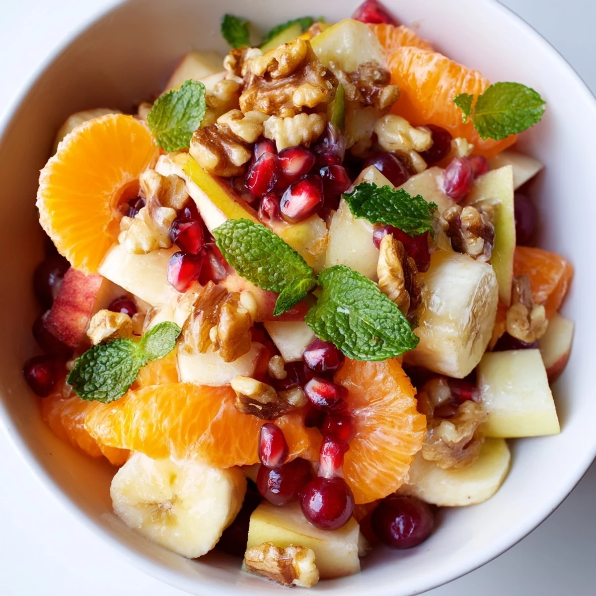 Freshly prepared Winter Fruit Salad with Citrus on a white platter, showcasing vibrant orange segments, grapefruit pieces, and sparkling pomegranate seeds. 