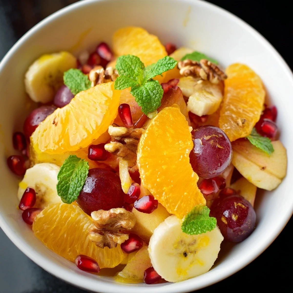 Bright bowl of Winter Fruit Salad with Citrus tossed in citrus zest, ready to serve as a healthy vegan side dish for a winter gathering.