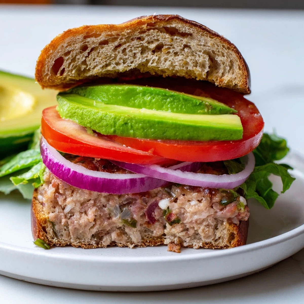 Turkey Burger with Avocado layered on a plate with red onion and creamy avocado, ready to enjoy.