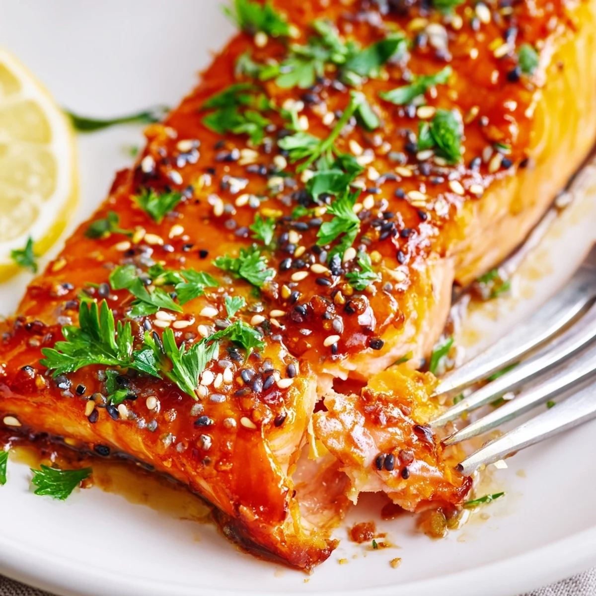 Golden-brown Baked Salmon with Honey Garlic Glaze glistening on a baking sheet, garnished with fresh parsley and lemon wedges.