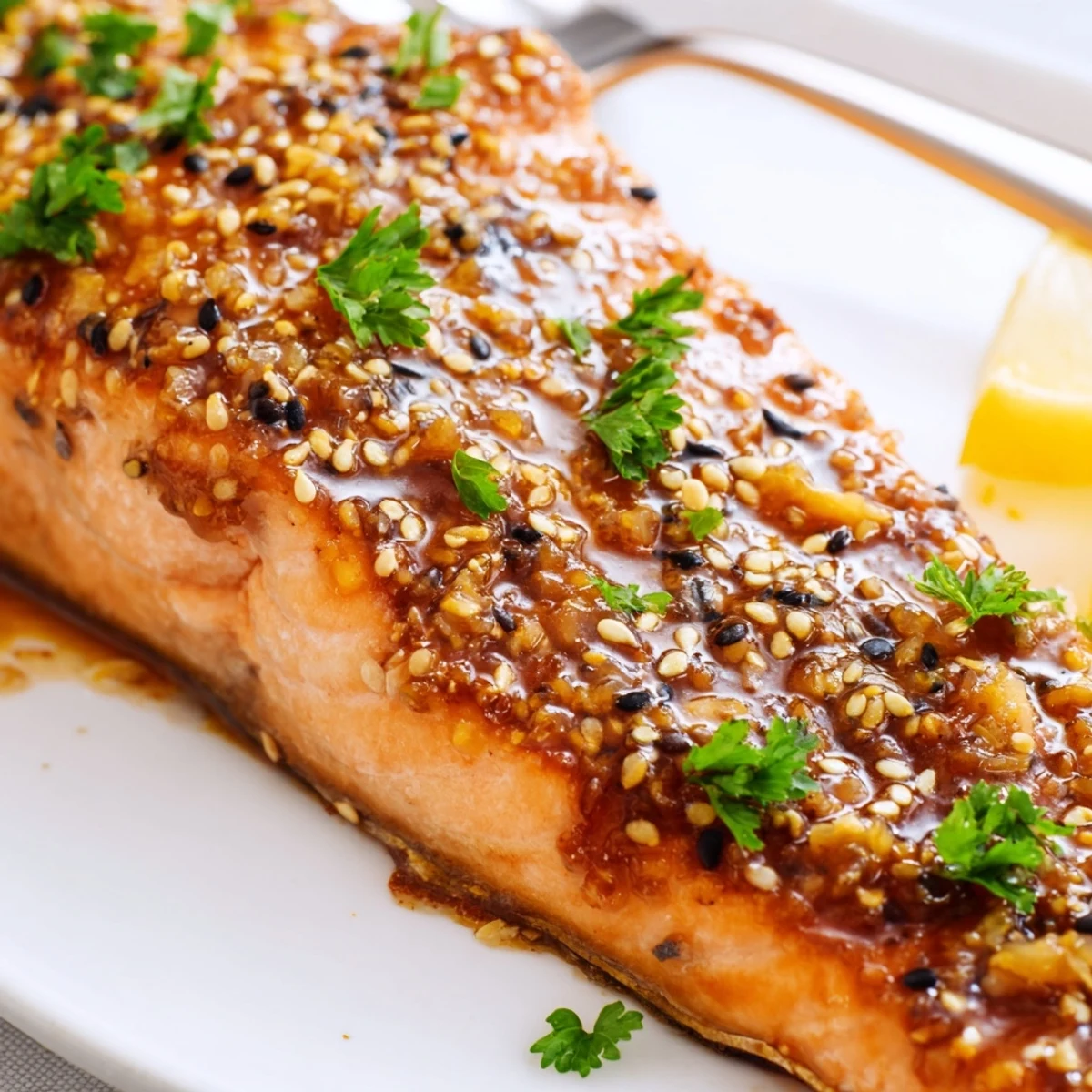 Perfectly flaky Baked Salmon with Honey Garlic Glaze served alongside colorful roasted vegetables on a rustic plate.