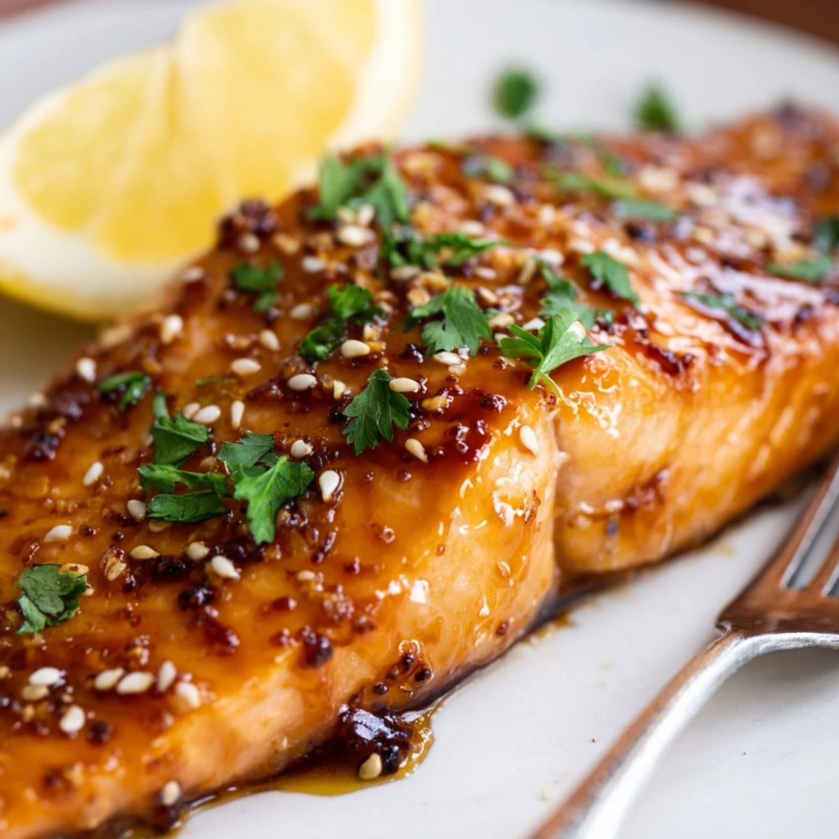 Four juicy fillets of Baked Salmon with Honey Garlic Glaze topped with sesame seeds, ready for dinner.