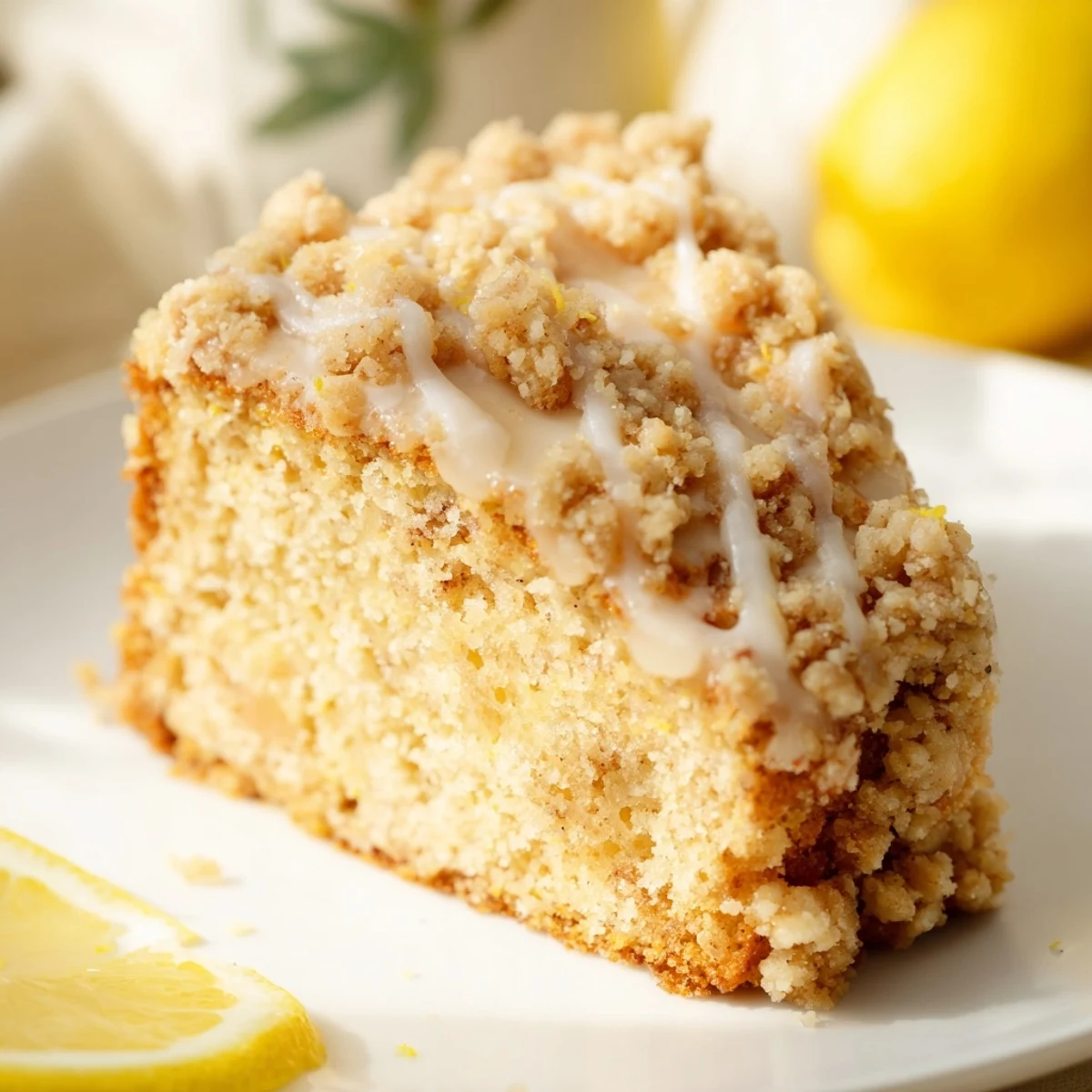 A slice of Lemon Coffee Cake with Crumble on a plate, revealing tender crumb and zesty lemon filling, ready to serve.