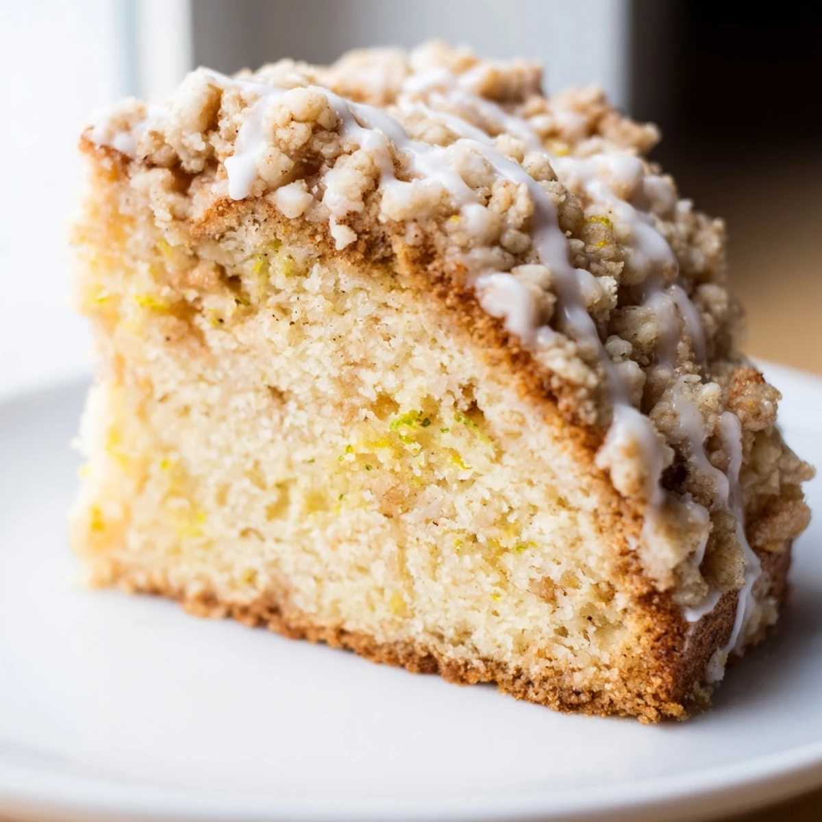 Freshly baked Lemon Coffee Cake with Crumble cooling on a wire rack, showcasing golden crumbs and a sweet lemon glaze.