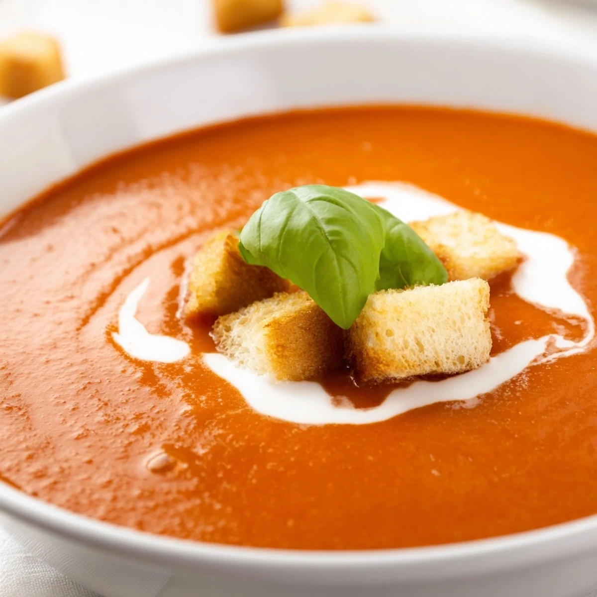 Creamy Tomato Bisque in a rustic bowl, garnished with fresh basil and a swirl of heavy cream.