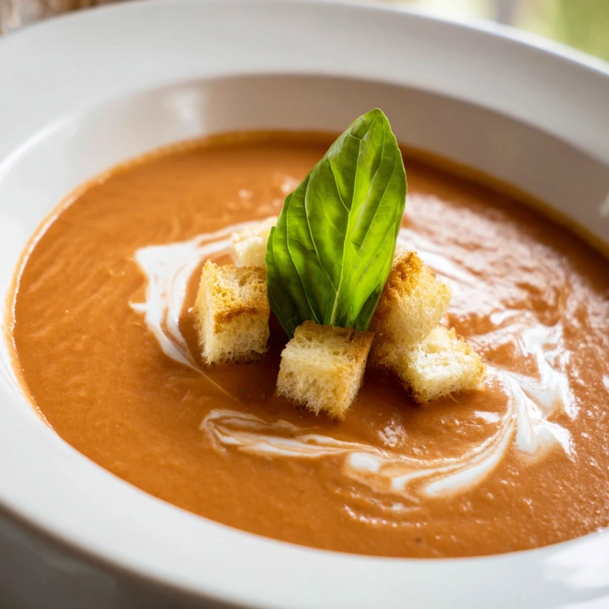Serving Creamy Tomato Bisque in a white bowl, paired with a grilled cheese sandwich on the side.