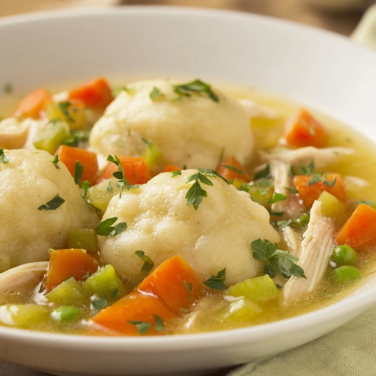 Close-up of Chicken Soup with Dumplings in a rustic bowl, garnished with fresh parsley, with carrots and celery visible in the broth.