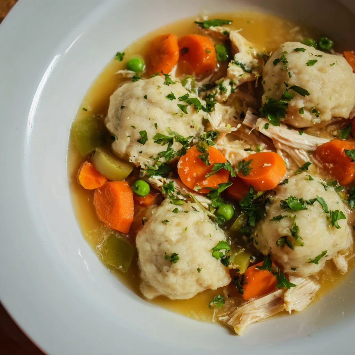 A steaming bowl of homemade Chicken Soup with Dumplings, featuring tender shredded chicken, peas, and fluffy dumplings in a golden broth.