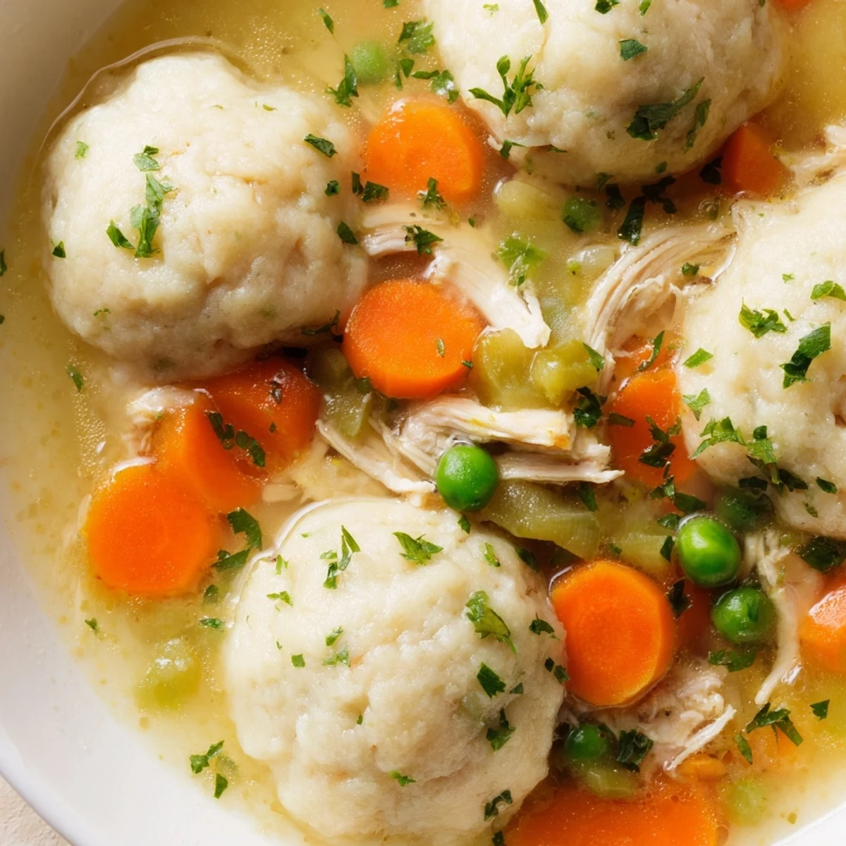 Comforting Chicken Soup with Dumplings served hot, showcasing pillowy dumplings floating atop a rich, savory broth with visible herbs.