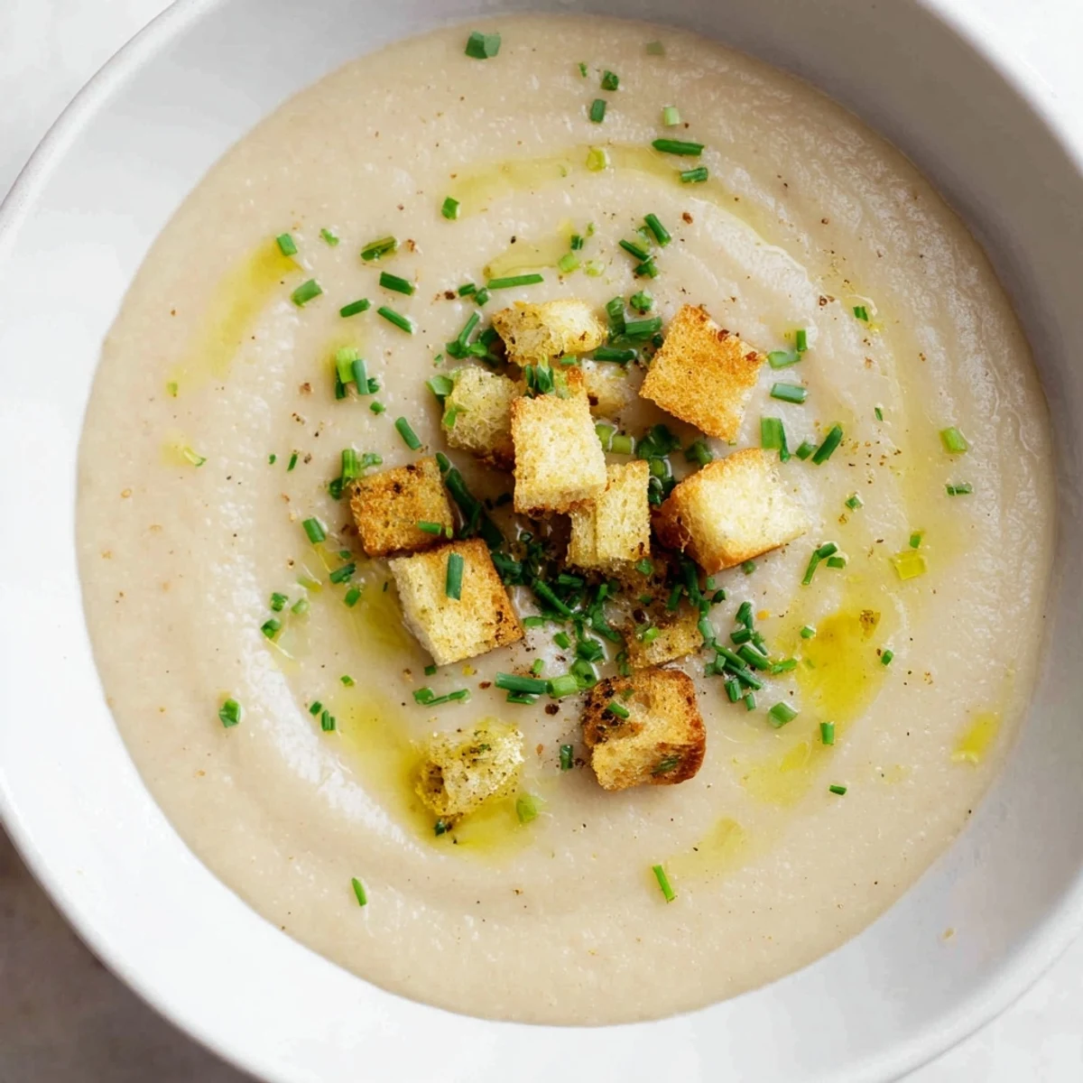 Creamy Roasted Jerusalem Artichoke Soup garnished with fresh chives, ready to serve as a warm, velvety appetizer.