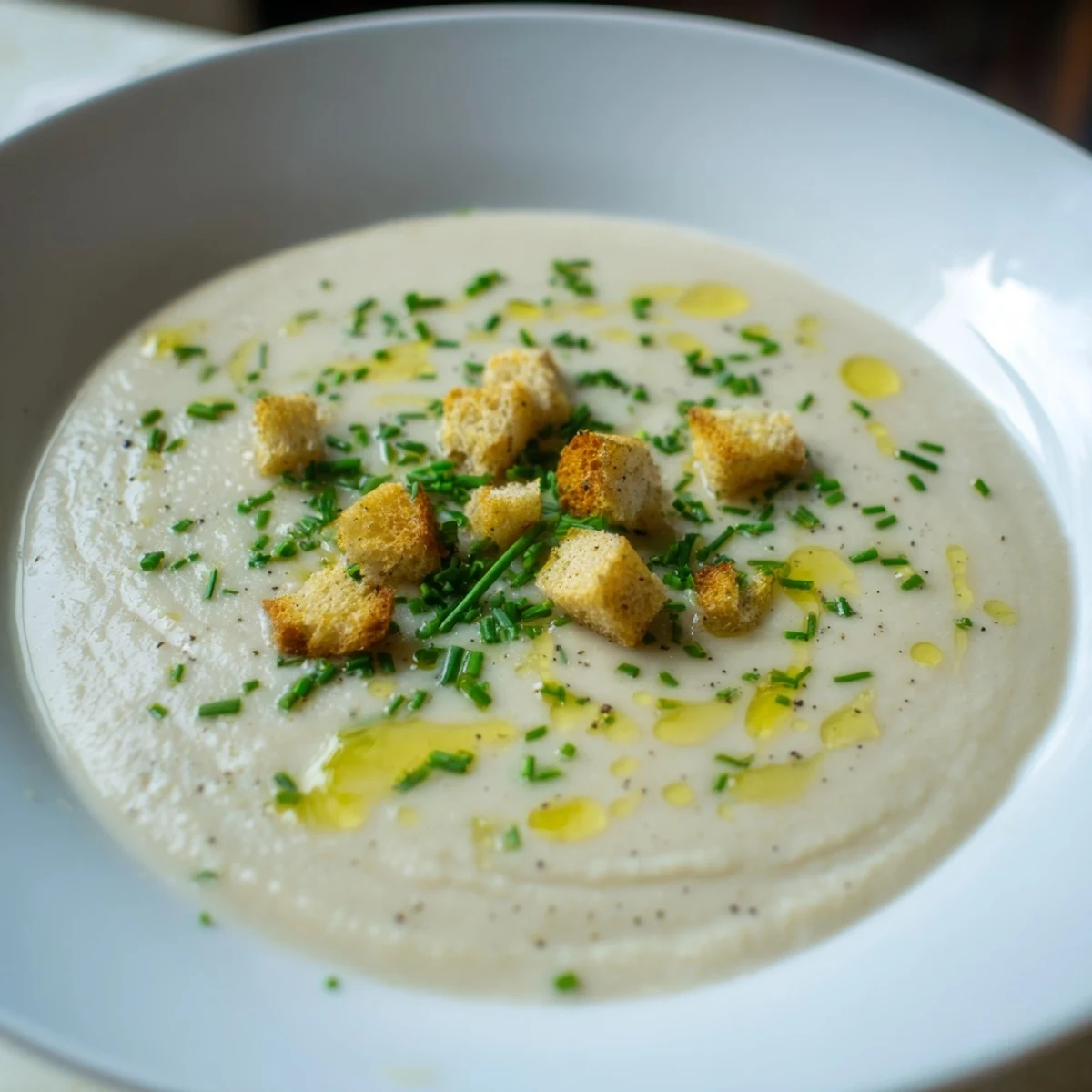 Close-up of Creamy Roasted Jerusalem Artichoke Soup showing its smooth, golden texture and rich, earthy consistency.