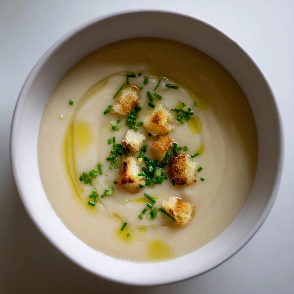 A bowl of Creamy Roasted Jerusalem Artichoke Soup next to crusty bread and a glass of white wine.